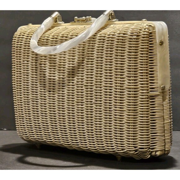 Rare Vintage 1950s/60s Stylecraft of Miami Wicker/Lucite Box Bag Shell Accents - Picture 8 of 16